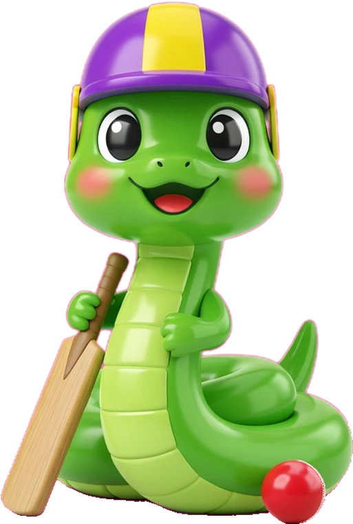 Noodle the snake in a cricket helmet with a bat and ball